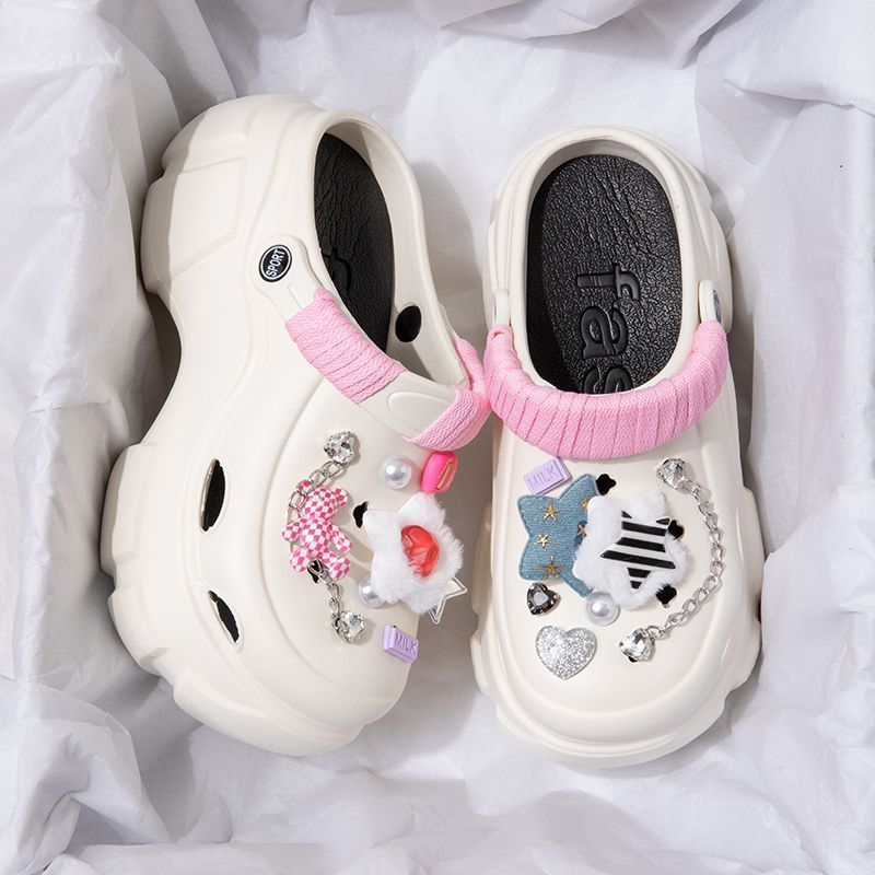 Women's Hole Shoes Sandals Summer Fashion 7cm Thick High Heel Soft Sole Beach Garden Shoes Cartoon Accessories Hole Slippers 2025