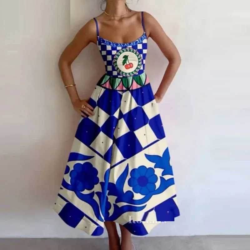 Summer New Womens Fashionable Fish And Shrimp Print U-neck Pleated Waist With Large Swing Suspender Dress Sexy Maxi Dresses W241218