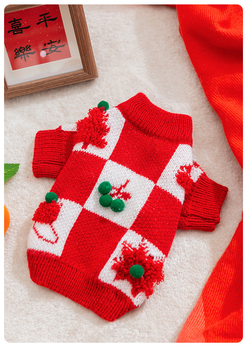 Autumn and winter creative checkerboard three-dimensional Christmas New Year sweater dog clothes Teddy Bichon New Year pet clothing