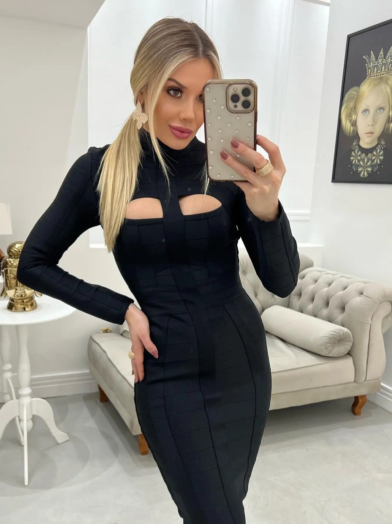 HQBORY Winter Long Sleeves sexy Hollow Out Knitted Bandage Dress midlength Women Hole Cut Black Bodycon Vestidos Red XL 241218