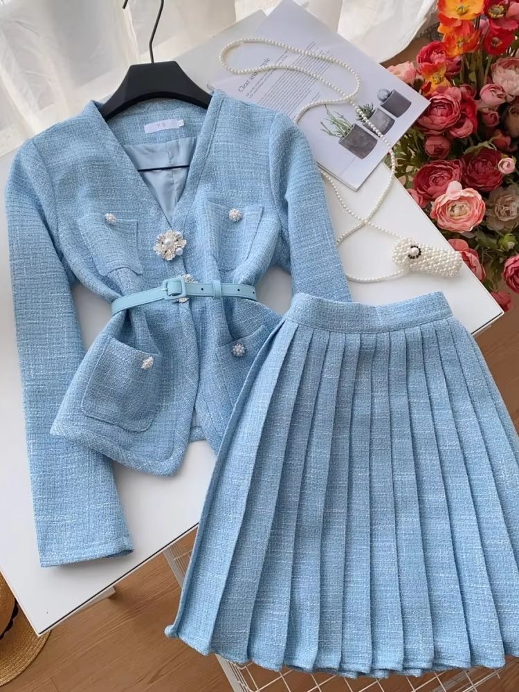 Small Fragrance Tweed Woolen 2 Pieces Matching Sets Women's V Neck Dias Pearls Short Jacket Coat + Mini Pleated Skirt Suits