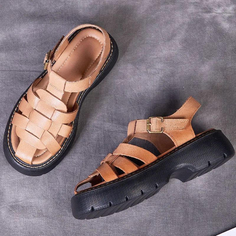 AIYUQI Sandals Women Summer Genuine Leather Baotou Roman Sandals Ladies Retro Hollow Woven Women Sandals