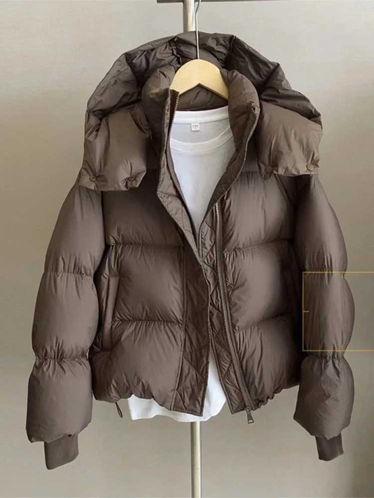 Womens down cotton jacket autumn and winter loose zipper long sleeved hooded cotton jacket womens warm short top M241218