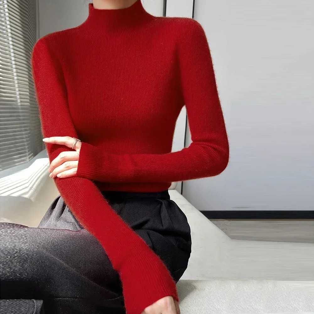 High Collar Long Sleeved Knitted Sweater Womens Slim Tops Blue Purple Red Long-Sleeved Bottoming T Shirt Sweater Top X-G-Xinde 241217