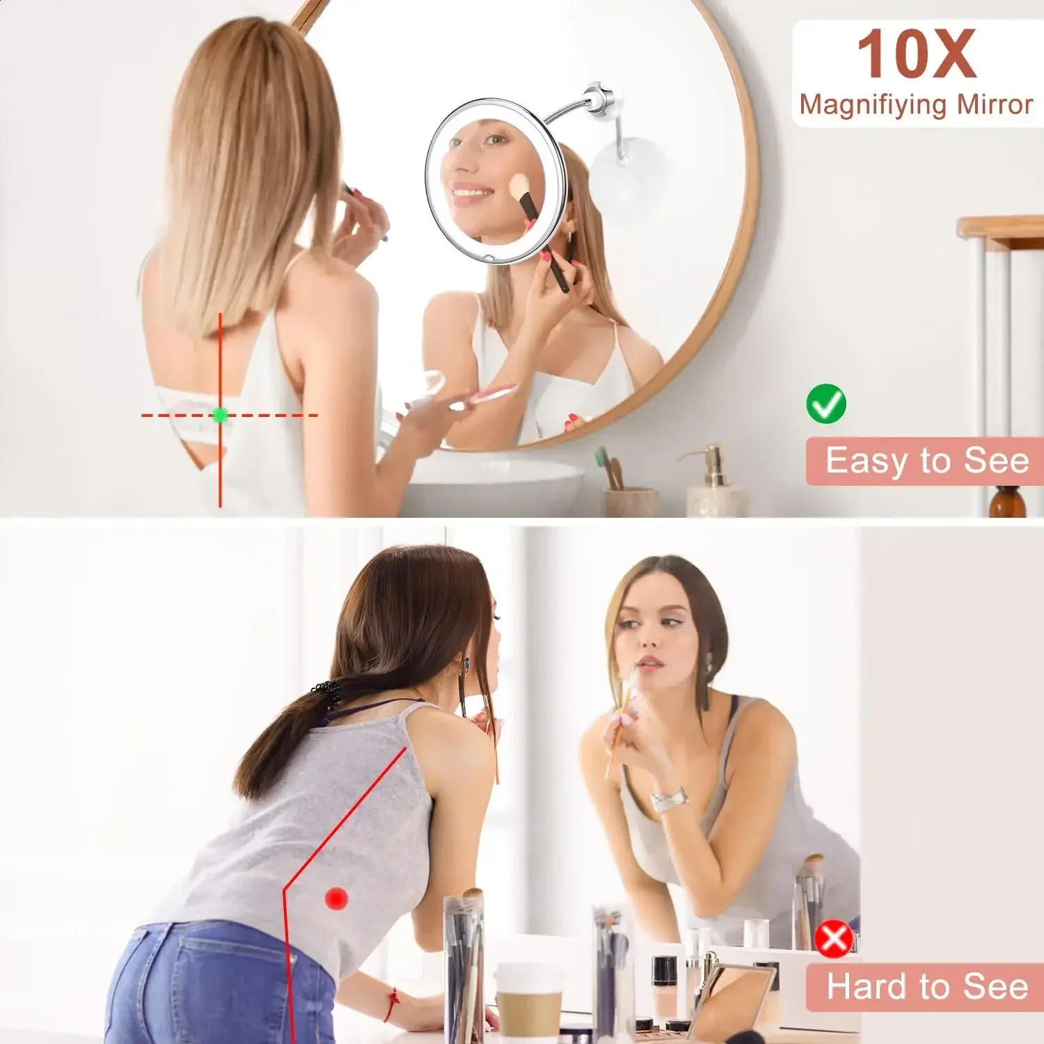 Flexible Makeup Mirror with LED Light 10X Magnifying Cosmetic with Suction Cup Diffused Light 360 Degree Swivel 241217