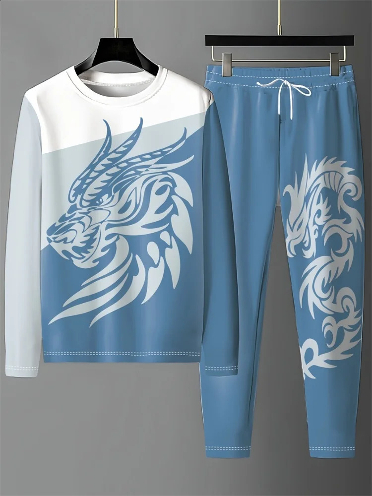 Spring And Autumn Mens Daily Casual Long-sleeved T-shirt Street Fashion Mens Pants Outdoor Sports Men 3D Dragon Print Set 241217