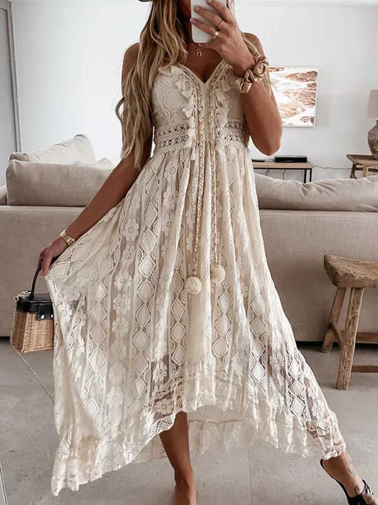 Lace Boho Style Long Dress Women Solid Color Deep V-neck Sveless Beachwear High Waist A-Line Summer Wild Sling Dress For LadyXJ241218