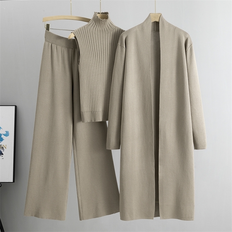 Spring and autumn 3-piece womens cardigan wool sweater track set fashion knitted pants set womens sweater set retro fashion womens 3-piece set 241217