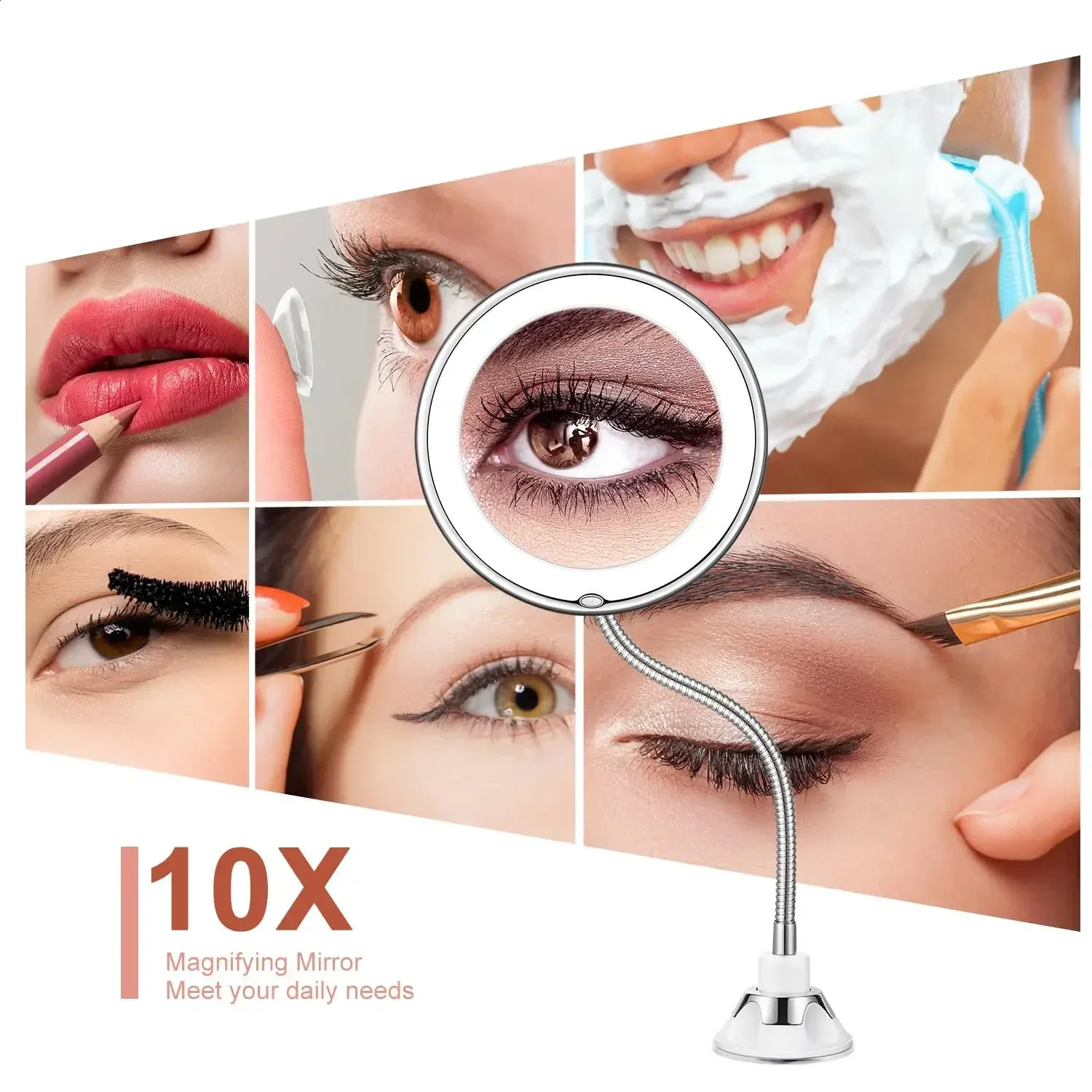 Flexible Makeup Mirror with LED Light 10X Magnifying Cosmetic with Suction Cup Diffused Light 360 Degree Swivel 241217