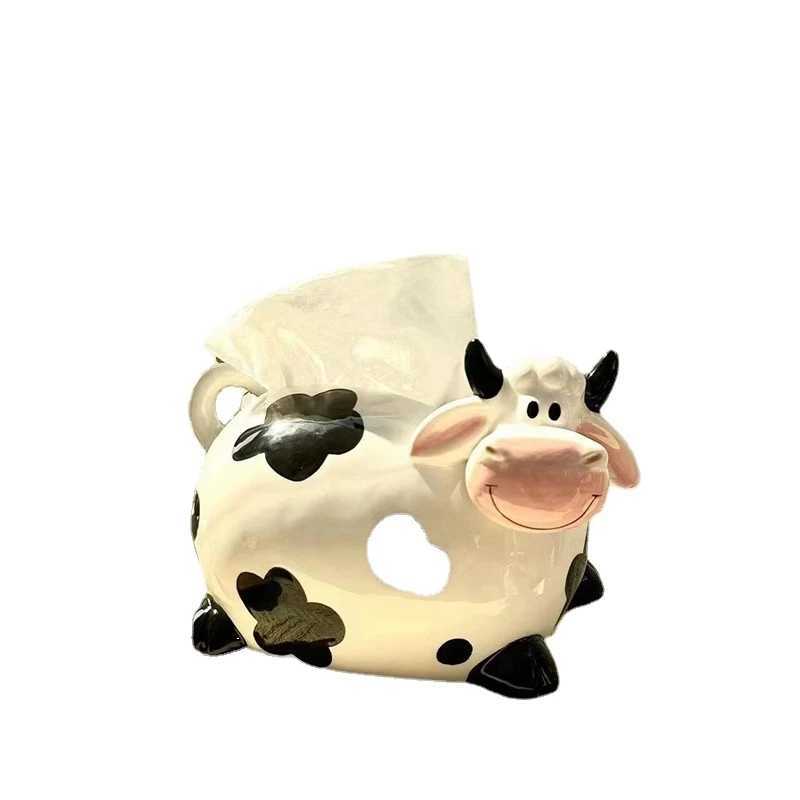 Cute cow tissue box sculpture ceramic handmade activity Ro napkin storage container Nordic He decorative art Y241218