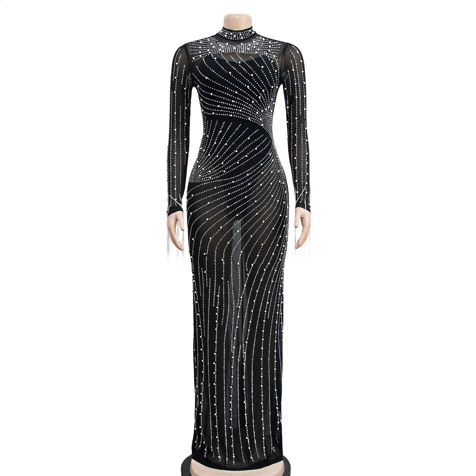 CM.YAYA Women Mesh Tassel Long Sleeve Diamonds Rhinestones Bodycon Midi Maxi Long Dress and Tank Inner Dresses 2piece Suit 241216