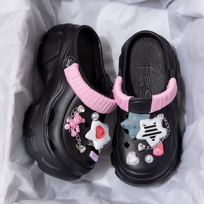 Women's Hole Shoes Sandals Summer Fashion 7cm Thick High Heel Soft Sole Beach Garden Shoes Cartoon Accessories Hole Slippers 2025