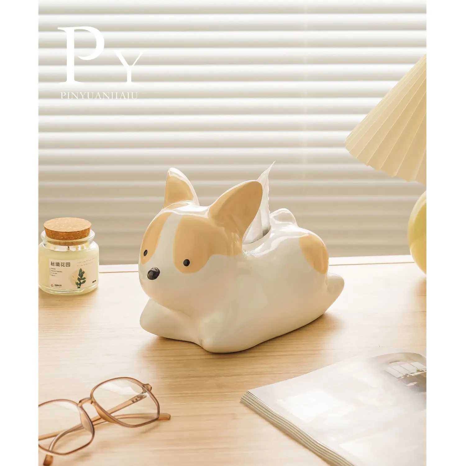Ceramic tissue box Cute dog corgi tissue box Life Ro lamp Deluxe porch decoration Nordic style simple decoration Y241218