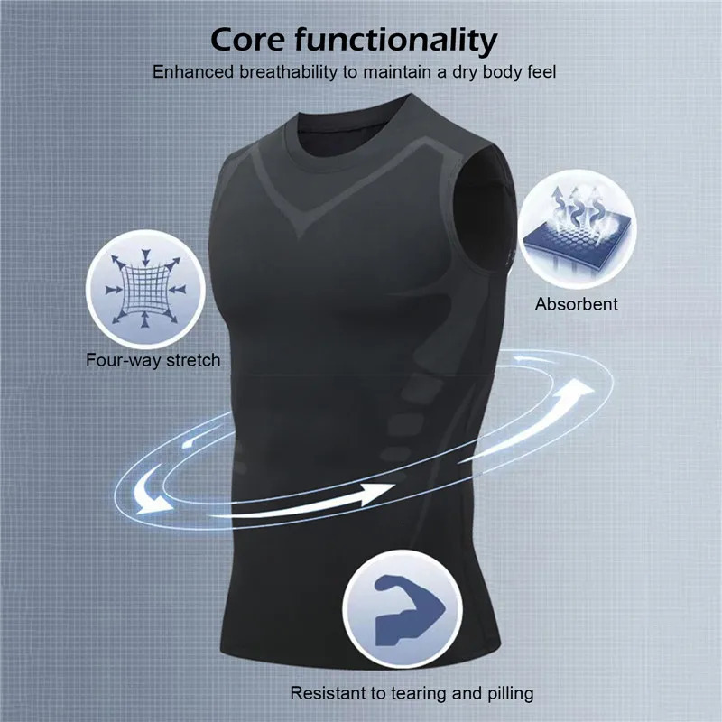Mens Ionic Shaping Vest Ice-Silk Slimming Vest Body Shaper Compression T-Shirts Tank Top Tummy Control Quick-Dry Fitness Shirts 241218