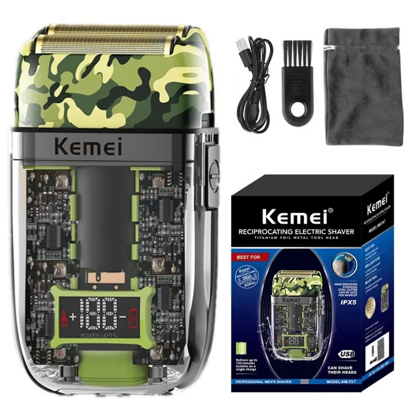 Men Shaving Machine Afeitadora Electrica Kemei Km Tx7 Usb Charging Transparent Camouflage Waterproof Electric Razor For Men 241218