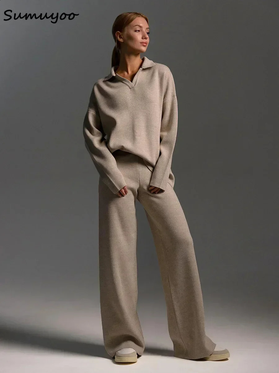 Sumuyoo Winter Thick Womens Knitted Set Cashmere Soft 2-piece Set Womens Polo Neck Sweater and Wide Leg Pants Knitted Set 241217