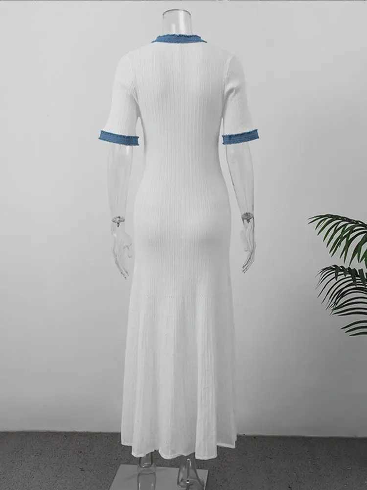 Ele Contrast Single Breasted Knitted Slim Long Dresses Fashion O neck Pocket Pleated A Line Robes New Lady High Street DressXJ241218
