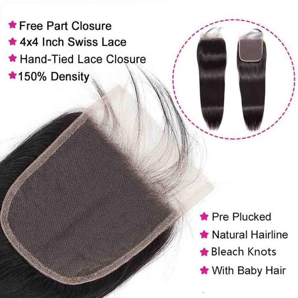 Straight 3/4 bundle with closed human hair Brazil womens hair ribbon closed 4x4 13x4 lace tie bundle W241221
