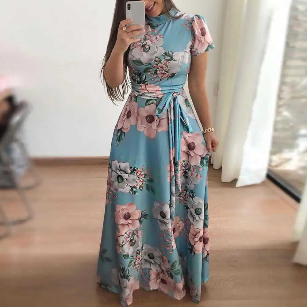 Womens Floral Print Dress Loose Fit Printed Dress Floral Print Maxi Dress with Mock Collar Belted Waist Womens A-line for Summer W241218