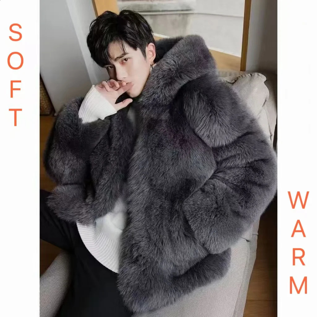 2024 Thick Mens Fur Warm Soft Artificial Plush Hoodie with Hat Fashion Light Top Coat Windshield 241211