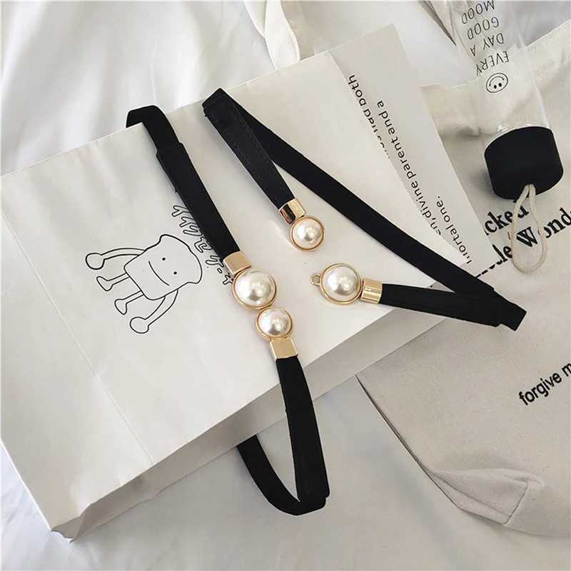 Creative Pearl Buckle PU Leather Dress Tight Waist Elastic Thin Womens Belt Womens Belt W241228