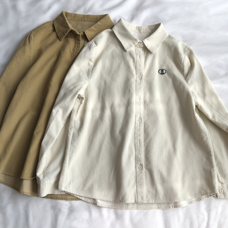 LXZ2 Small embroidery corduroy positive shoulder long-sleeved shirt female lapel lapel peplum stacked shirt fall and winter small people tops