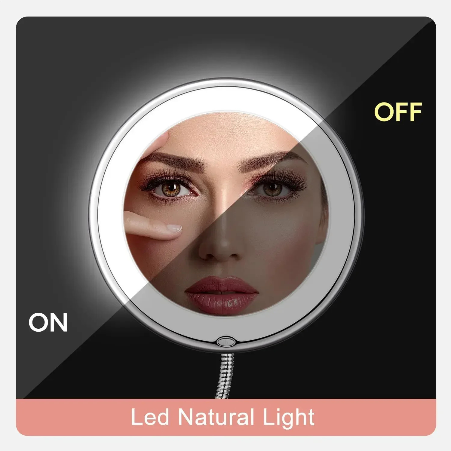 Flexible Makeup Mirror with LED Light 10X Magnifying Cosmetic with Suction Cup Diffused Light 360 Degree Swivel 241217