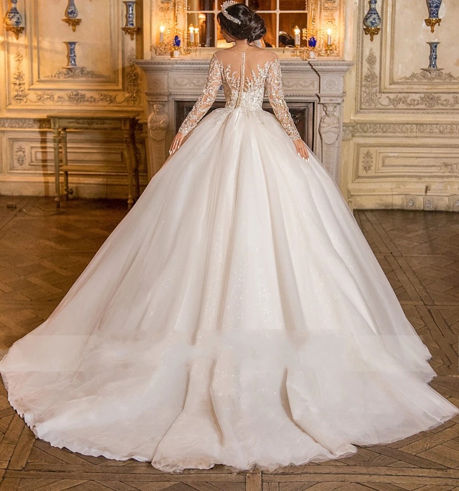 Church Urious Wedding Dress Illusion Neck Beading Embroidery Lace Long Sleeves Court Train Bridal Bride Gowns Arabic Dubai Vestidos De Novia