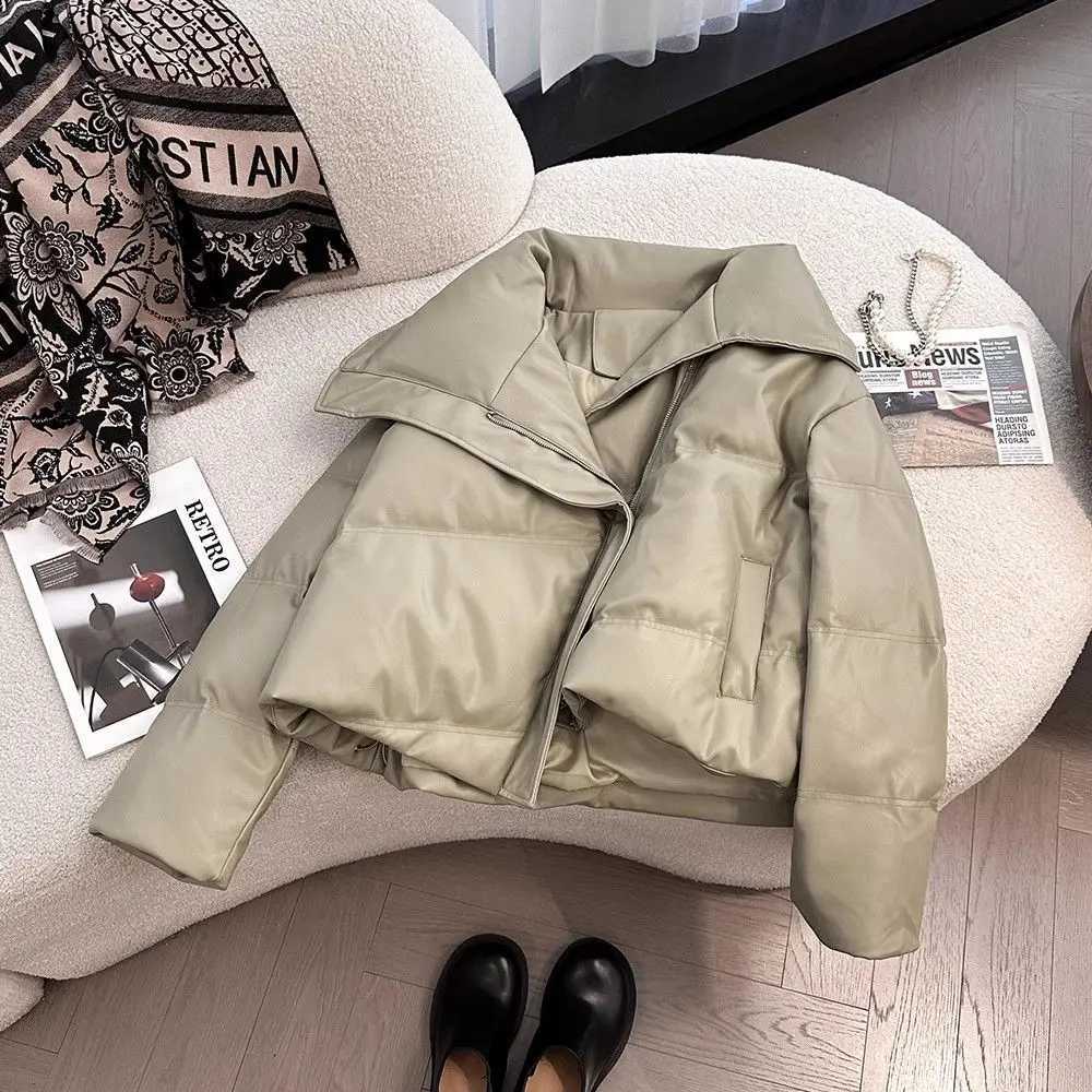 Winter PU leather collar cotton jacket suitable for women Quran style long sleeved lightweight warm short sleeved fashionable womens top M241218