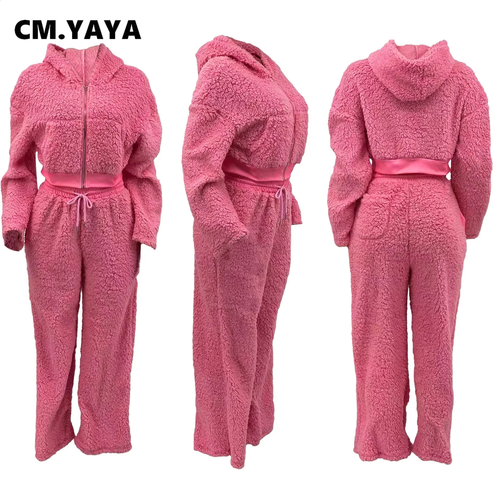 CM. YAYA Fashion Fleece Womens Long sleeved Hooded Sweatshirt and Running Pants Two piece Sportswear Set 241217