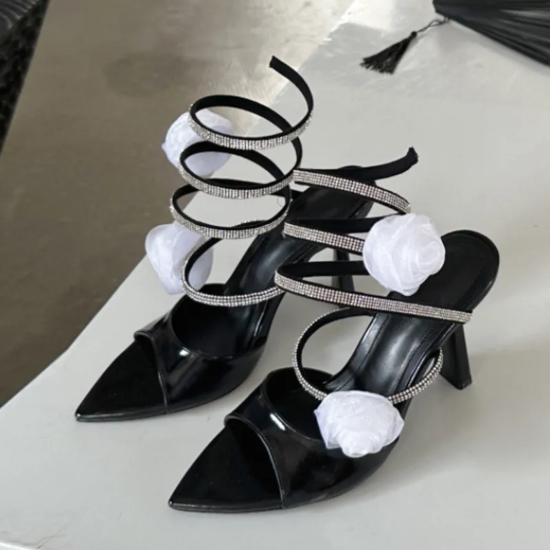 Liyke Summer Fashion Rhie Ankle Snake Twine Around Women Thin High Heels Sandals Sexy Pointed Toe Wedding Banquet Shoes