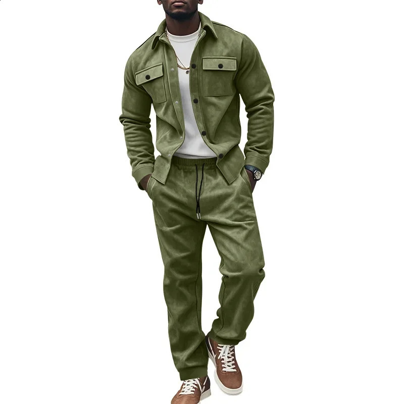 Autumn and winter cross-border American heavy jacket casual pants two-piece set solid color mens suede suit mens 241217