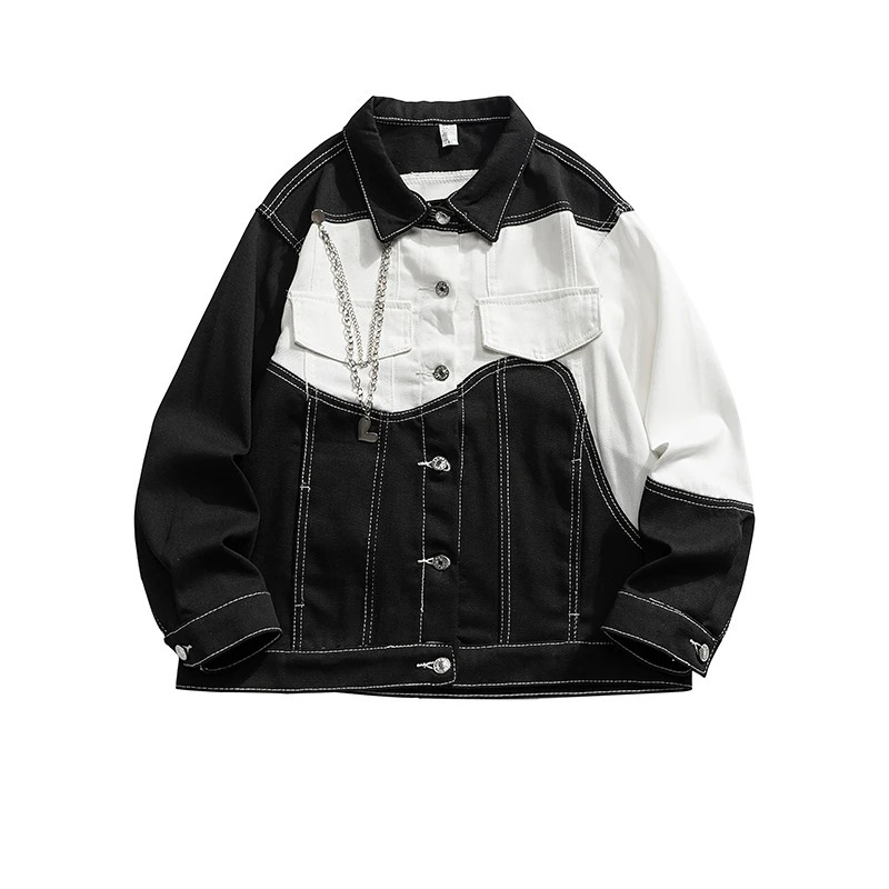 Color-blocking Denim Jacket Autumn Winter Black White Lapel Jeans Coat Mens Personalized Street Motorcycle Cargo Jacket 241214