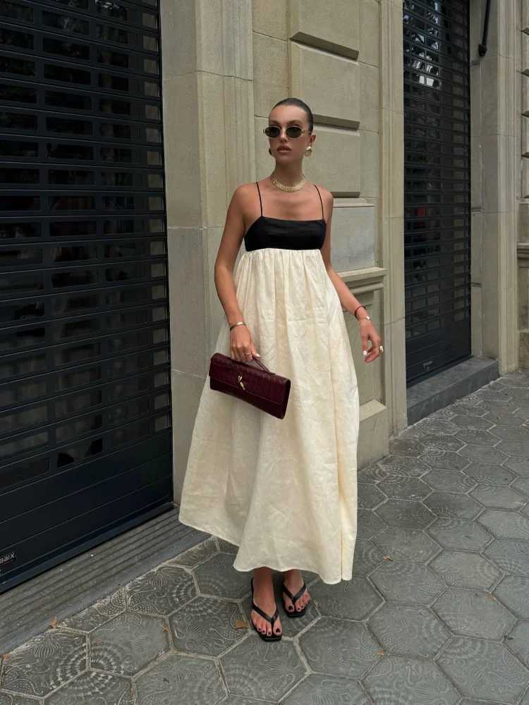 Fashion Contrasting Color Hollow Out Sling Maxi Dress Women Sexy Sveless Backless Loose Dresses 2024 Lady Casual StreetwearXJ241218