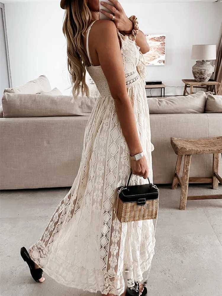 Lace Boho Style Long Dress Women Solid Color Deep V-neck Sveless Beachwear High Waist A-Line Summer Wild Sling Dress For LadyXJ241218