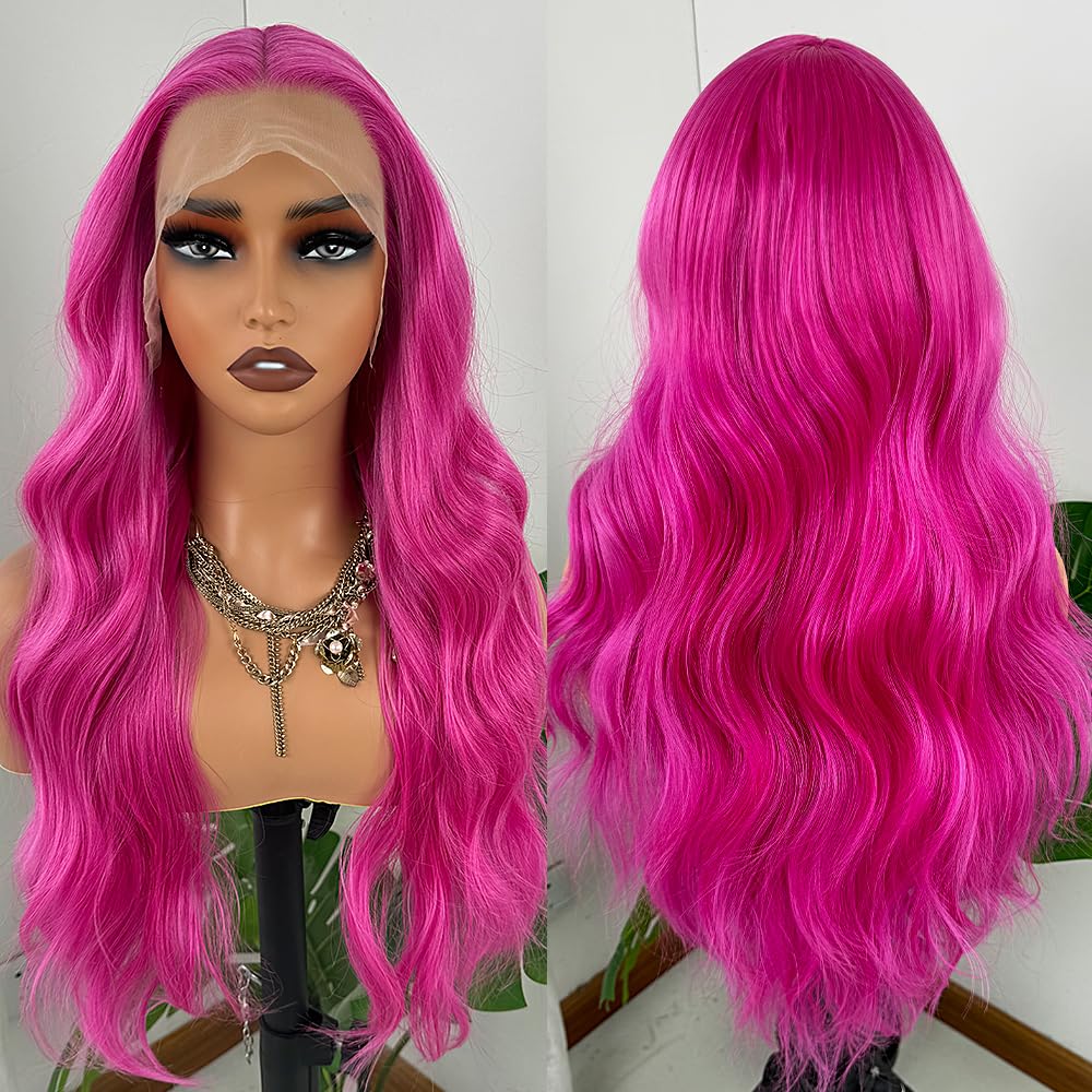 13x4Lace Front Synthetic Wig Fashion Women Stylish 180Density Rose Pink Long Natural Deep Wave Curly Wigs Dark Root Daily Heat Resistant Fiber Look Li