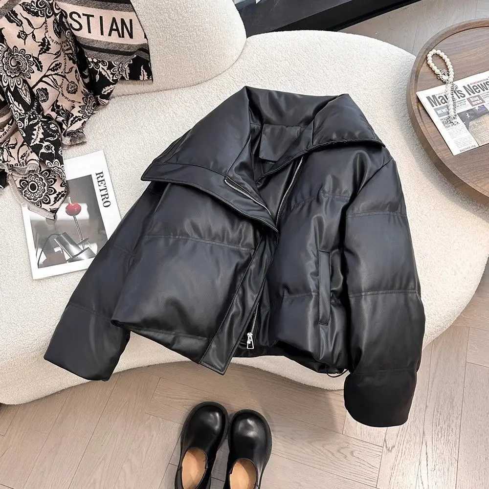 Winter PU leather collar cotton jacket suitable for women Quran style long sleeved lightweight warm short sleeved fashionable womens top M241218