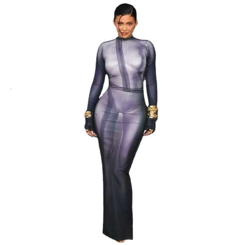 Cross Border European And American Round Neck Slim Fit Dress With Body Print Temperament Skirt, Spicy Girl Sexy Slit Long Sleeved Skirt