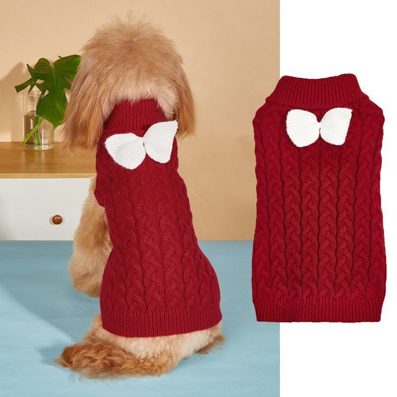 Autumn and winter dog sweater new lapel design woven three-dimensional twist solid color sweater with bow