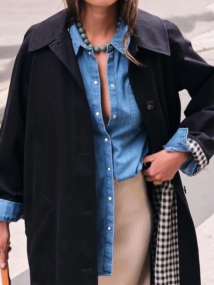 Single Breasted Lapel Trench Coat with Pocket Women Versatile Long Jackets Plaid Lining Winter Coats 241217