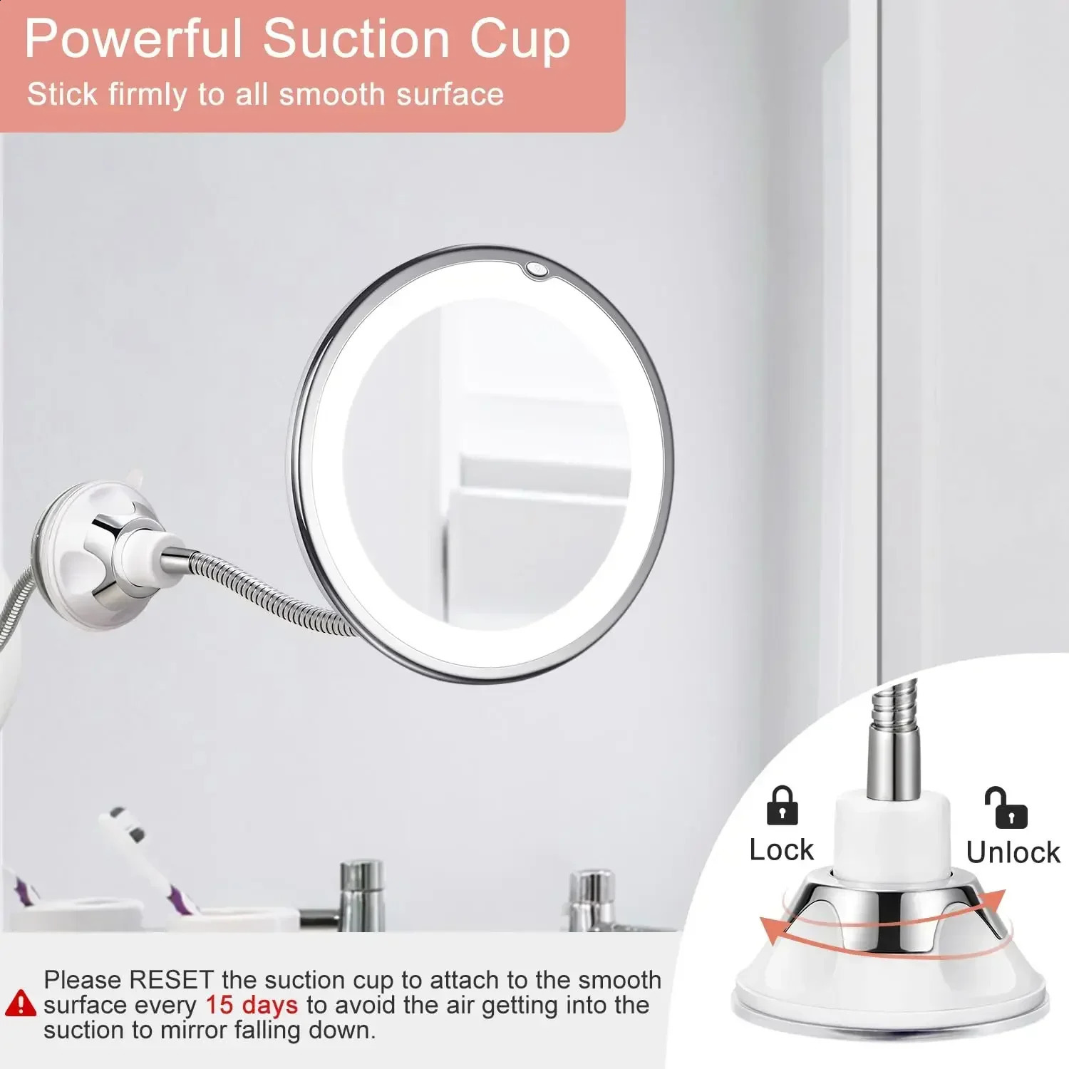 Flexible Makeup Mirror with LED Light 10X Magnifying Cosmetic with Suction Cup Diffused Light 360 Degree Swivel 241217