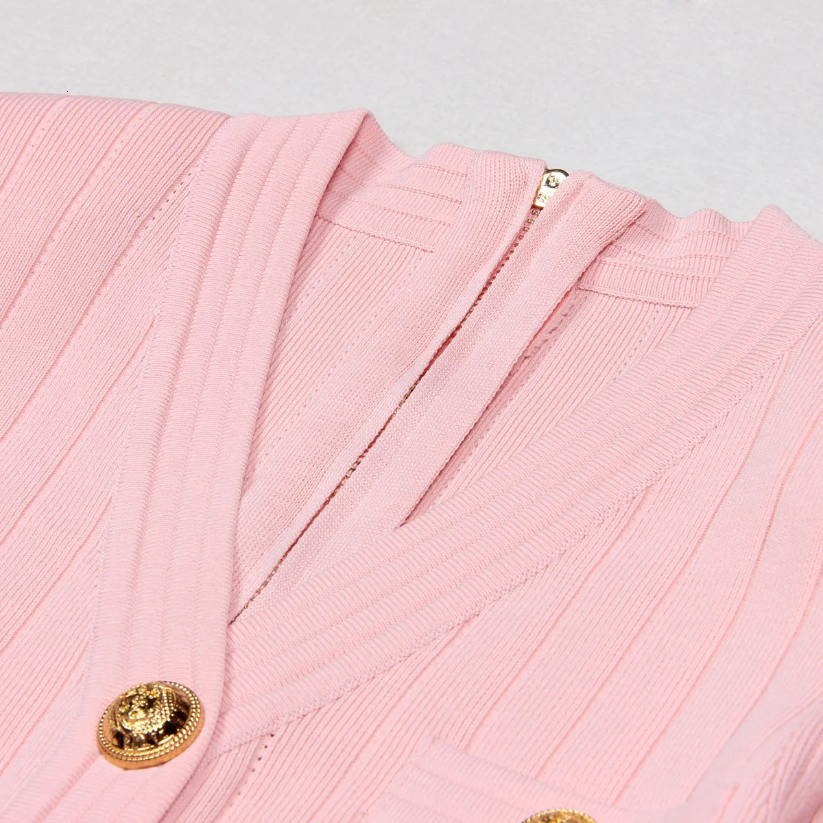 y Lion Head Gold Buttons Mini Dresses for Women Long Sleeves V Neck Vestidos Ladies High Quality Pink Dress Black 241218