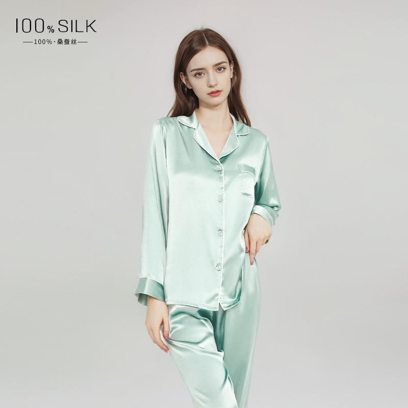 B216-European and American large size spring and autumn silk pajamas ladies summer new long sleeve trousers 100% mulberry silk home clothes suit