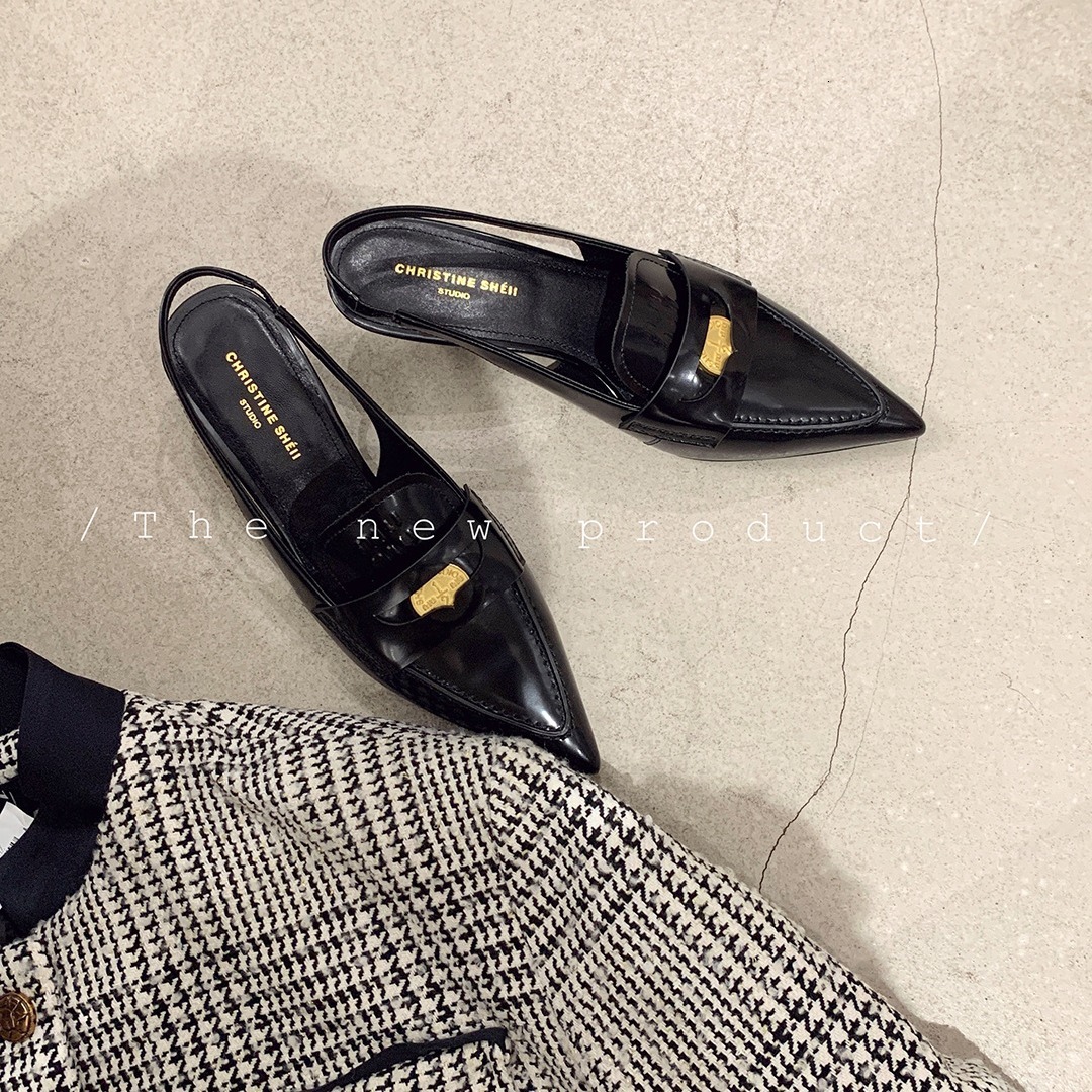 Instant Su Yinyin Same Style Shoes With Small Gold Coins, Genuine Leather Pointed Head, Thin Heels, Back Air Sandals, Female OL Commuter Shoes, Spring
