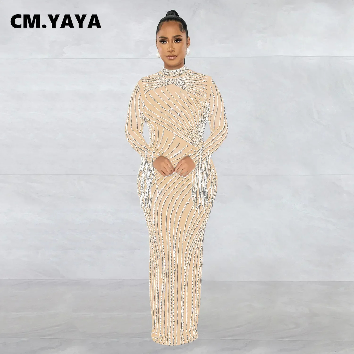 CM.YAYA Women Mesh Tassel Long Sleeve Diamonds Rhinestones Bodycon Midi Maxi Long Dress and Tank Inner Dresses 2piece Suit 241216