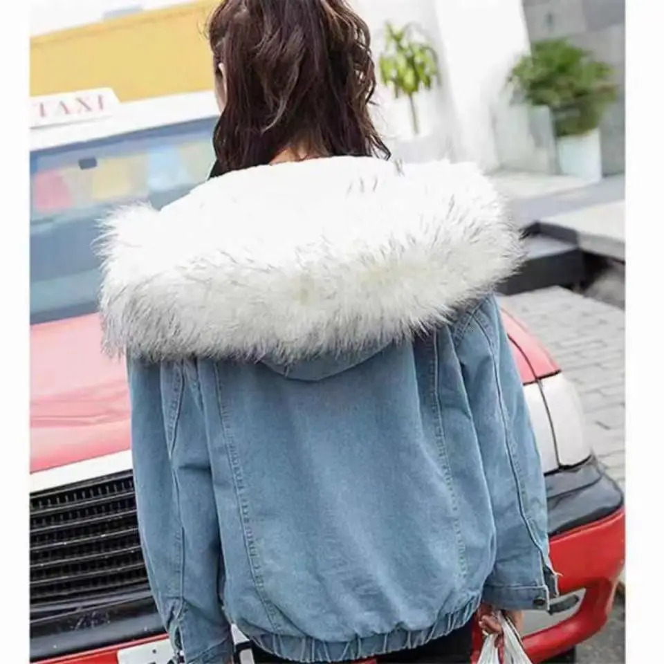 Winter Fur Oversized Jean Jacket Vintage Hooded Thick Single-breasted Lady Keep Warm Cardigan Pockets Female Denim Coat 241217