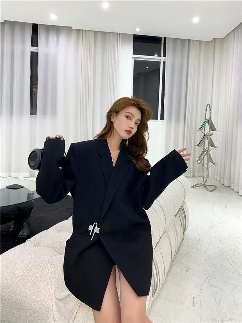 Women Formal Wear Solid Notched Suits Woman Loose Oversize Blazer Dress Jackets