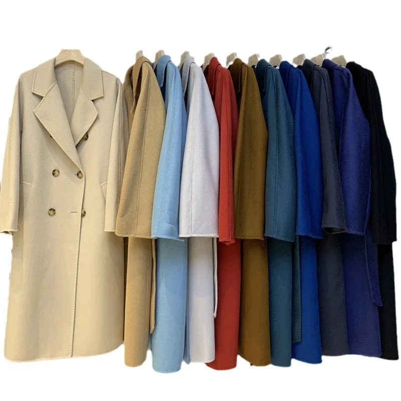 Wool Blends Autumn and Winter y Doublesided Cashmere Overcoat Womens Long Length Highend Lapel Coats with Belt 241217