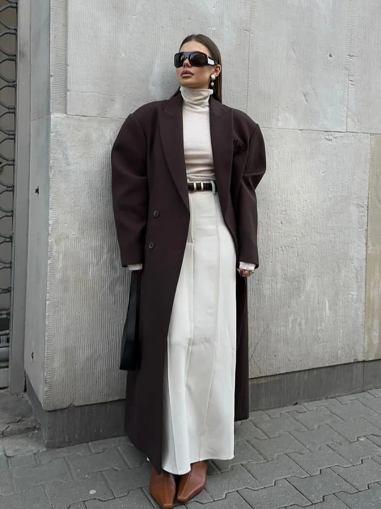 Vintage Brown Double Breasted Long Coat With Shoulder Pad Women Elegant Lapel Full Sleeves Loose Overcoats Autumn Lady Outwears 241217
