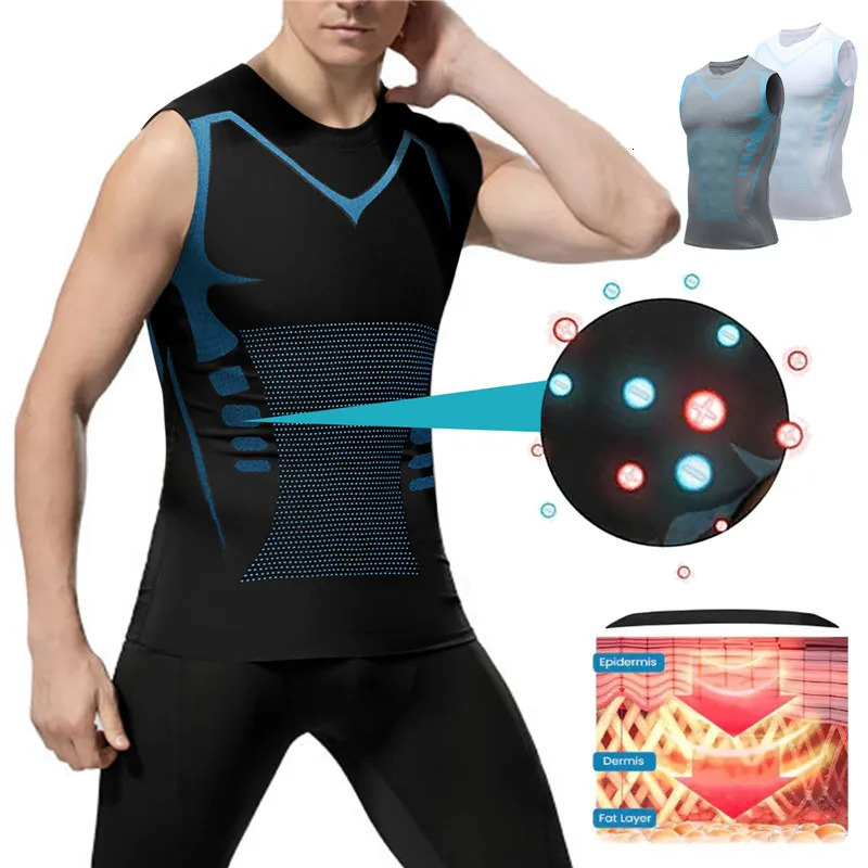 Mens Ionic Shaping Vest Ice-Silk Slimming Vest Body Shaper Compression T-Shirts Tank Top Tummy Control Quick-Dry Fitness Shirts 241218
